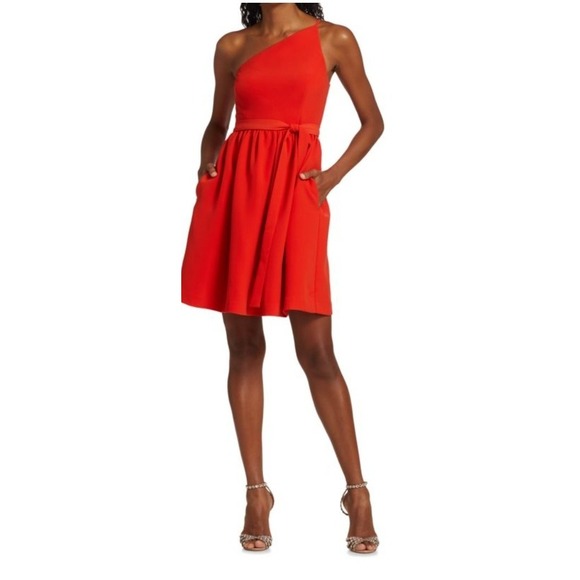 NEW! Halston Women's Orange Red Miley One-Shoulder Fit & Flare Dress Sz 10  $425